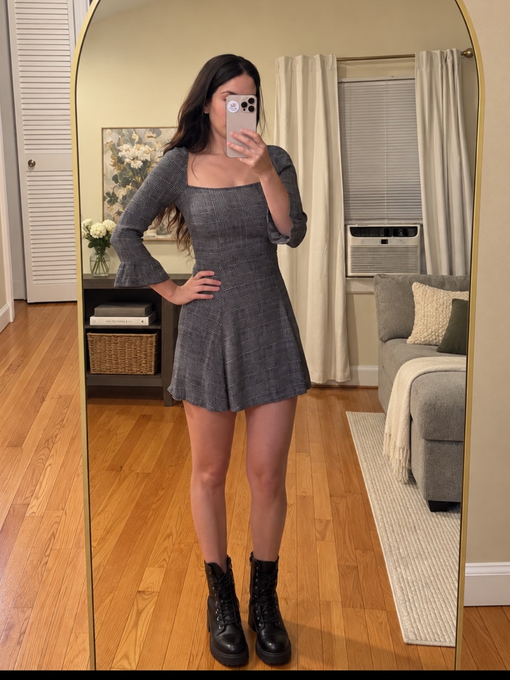 Reformation Glen Plaid Puff Sleeve Mini Dress Size 2 Black & White